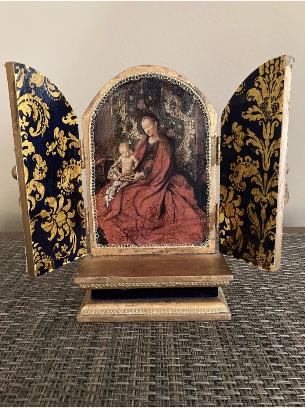 Silvestri Gold and Black Triptych Catholic Shrine with Madonna and Child